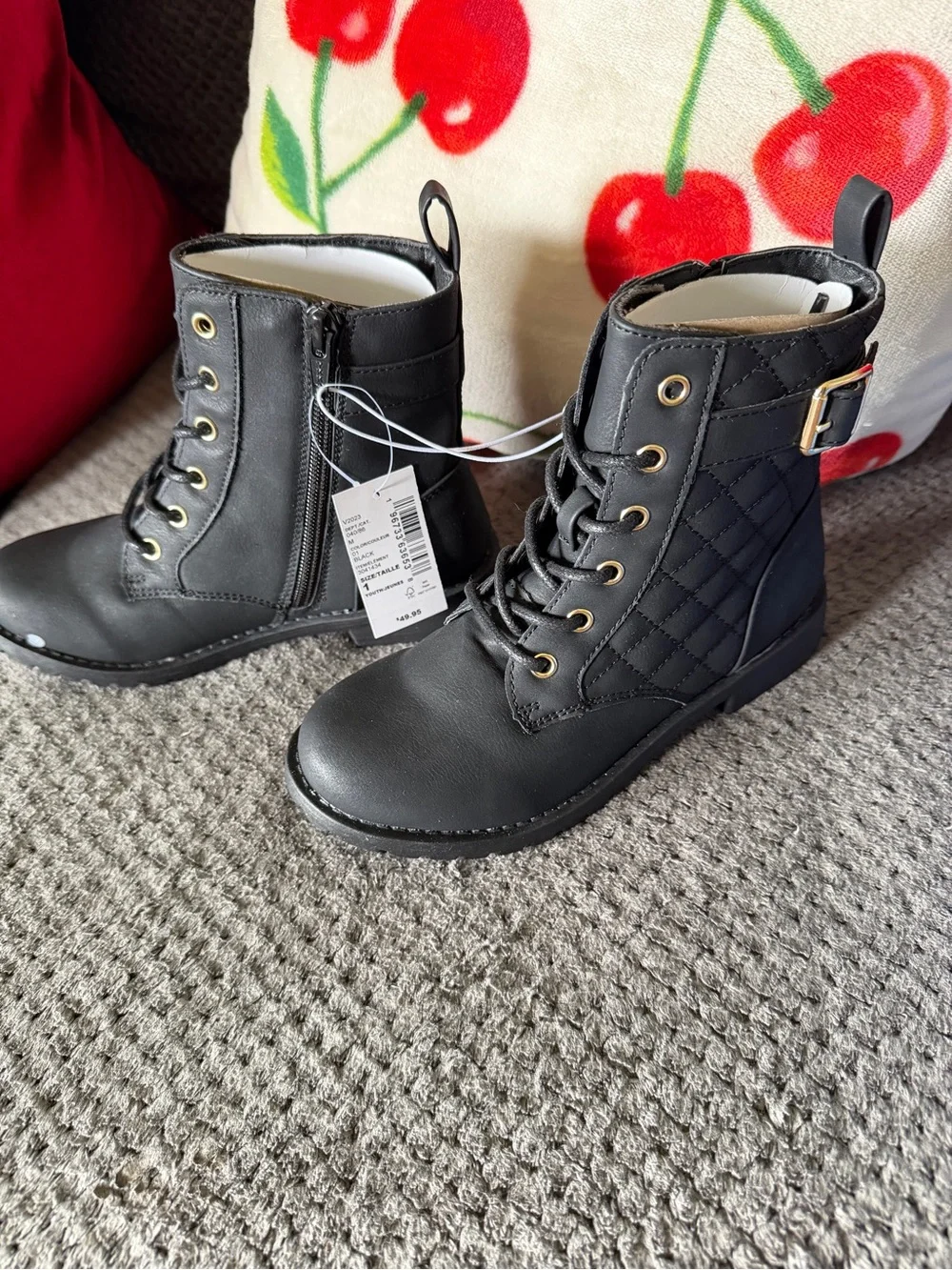 The Children's Place Black Quilted Combat Boots with Gold Buckle